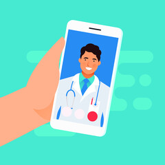Medical Insurance. Modern Flat Vector Illustration of Hand Holding Smartphone with Male Doctor on a Screen of Smartphone. Medical Appointment Online Through Device Concept.