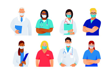 Medical Insurance. Best Doctors. Modern Flat Vector Concept Illustration. Medical Specialists in Masks. Doctors and Nurses Portraits, Team of Doctors.
