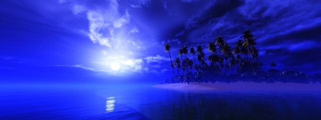 Night seascape, Beach with palm trees under the rising moon, silhouettes of palm trees against the background of the night sky, 3D rendering