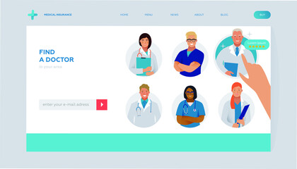 Find a Doctor. Team of Medical Specialists. Rating. Hand point on a Doctor. Insurance Landing Page Design Template. Website Banner. 