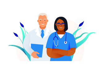 Medical Insurance. Male and Female Doctor. Modern Flat Vector Concept Illustration. Medical Specialists Concept.