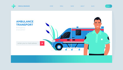 Driver Standing near Ambulance Transport. Emergency Evacuation. Modern Flat Vector Concept Illustration. Insurance Landing Page Design Template. Website Banner.