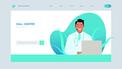 Call Center. Help and Support. Modern Flat Vector Illustration. Medical Specialist Wearing Headset with Laptop on Abstract Background. Insurance Landing Page Design Template. Website Banner. 