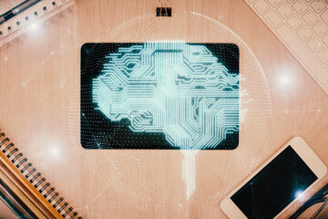 Double exposure of brain drawing over work table desktop. Top view. Global data analysis concept.