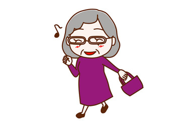 ＜全身・正面＞鼻歌を歌いながらバッグを持って笑顔で歩く高齢の女性