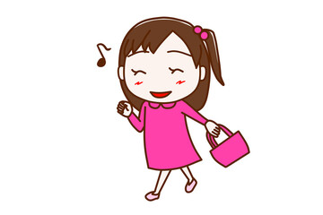 ＜全身・正面＞鼻歌を歌いながらバッグを持って笑顔で歩く少女