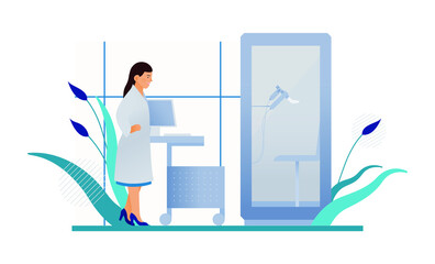 Female Doctor Standing near Plethysmography Box Testing Equipment. Plethysmography in Medical Office or Laboratory. Respiratory Diseases. Modern Flat Vector Illustration.