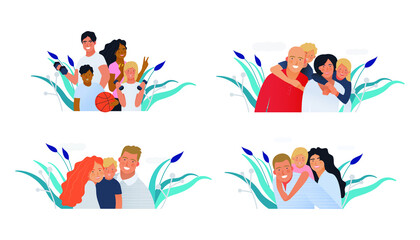 Set of Medical Insurance Template. Modern Flat Vector Illustration. Happy Families of Parents and Children, Embracing Together or Holding with Sport Equipment on Abstract Background. 