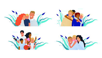 Set of Medical Insurance Template. Modern Flat Vector Illustration. Happy Families of Parents and Children, Embracing Together or Holding with Sport Equipment on Abstract Background. 