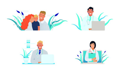 Set of Modern Flat Medical Insurance Illustrations. Happy Family, Call Center, Medical Appointment.