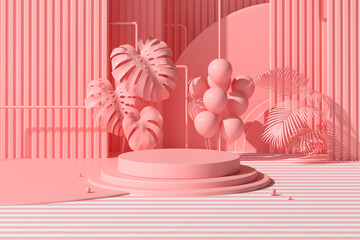 Minimal scene of geometric round podium with balloons and plant for product presentation, 3D rendering.