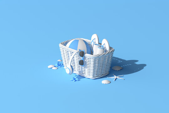 Mock Up Of Summer Accessory In Basket, Headphone, Eyeglasses, Flip Flop, Rubber Ball, Star Fish, Shell On Blue Background. 3d Rendering.