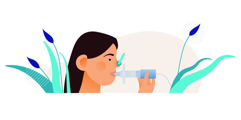 Young Female Doing Pulmonary Function Test on Abstract Background. Modern Flat Vector Illustration. Lung Function Test on Patient. - obrazy, fototapety, plakaty