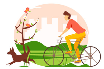 Fototapeta premium Man riding a bicycle in the Park with the dog. Spring illustration in flat style. 