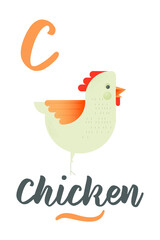 Letter C is for Chicken. ABC Illustrations with Associated Picture. Cute Animal. Modern Flat Vector Illustration Template.
