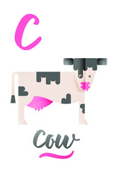 Letter C is for Cow. ABC Illustrations with Associated Picture. Cute Animal with Tongue. Modern Flat Vector Illustration Template.