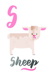Obraz na płótnie Canvas Letter S is for Sheep. ABC Illustrations with Associated Picture. Cute Animal with Tongue. Modern Flat Vector Illustration Template.