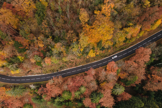 car driving on asphalt road in autumn forest, view from above, road trip in fall season