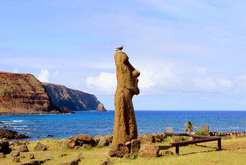 Moai A Vere Ki Haho also known as "Traveling Moai" at the entrance to Ahu Tongariki with a bird perching on statue's head, Easter Island, Chile