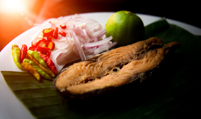 Organic salted king mackerel fish salad.Spicy Deep Fried Salted Fish (Thai Food) Asian Food