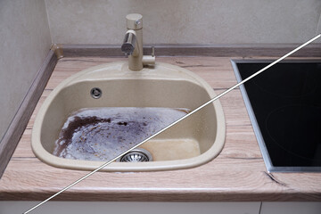 Before and after removing a blockage in a sink. Sink in the kitchen with dirty water due to a...