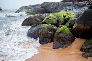 Foamy waves of the ocean hitting mossy rocks on a sandy beach