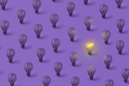 Light bulbs pattern with one shining