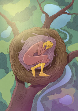 Girl Sleeping in a Nest on Tree