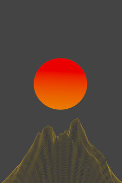 Illustration of volcano against a giant sun
