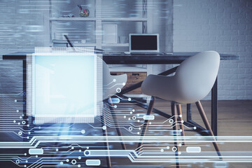 Multi exposure of data theme drawing and office interior background. Concept of technology.