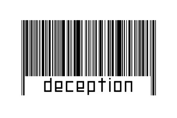 Digitalization concept. Barcode of black horizontal lines with inscription deception