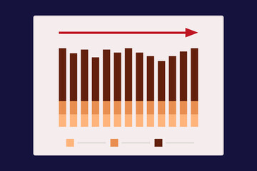 Stable graph, diagram. Statistics, dynamics of development and process performance.Red arrow direction. Business analysis paper document,  result, page, sheet. Report indicator traffic concept. Vector