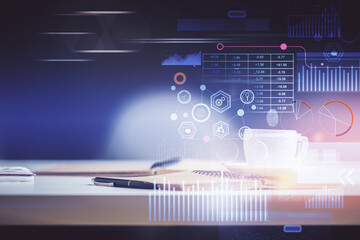 Multi exposure of technology theme drawing and desktop with coffee and items on table background. Concept of data research.