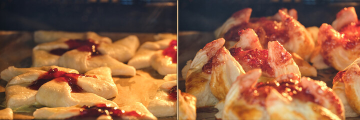 Plum puff pastry from Finland joulutorttu in the oven, before and after cooking