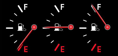 3d vertical fuel meter set indicating empty, half, full tank vector design. Gas level illustration on black background to use in automotive, transportation, logistics, car consumption projects.
