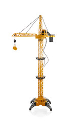 Toy construction crane made of bright plastic, with a remote control, isolated on a white background with a shadow. - 439550852