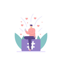 illustration of a person using a smartphone and getting the heart or love of an audience. the concept of like, hashtag, social media marketing. create content. flat cartoon style. vector design