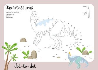 A dot by dot worksheet with dinosaur, name, facts and alphabet letter. Children's riddle.Coloring page for kids. Activity art game. Vector illustration. Set cards a-z dinosaur J. Jaxartosaurus