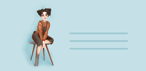 Happy white girl sits on a chair. Banner-style cartons on a monochrome background