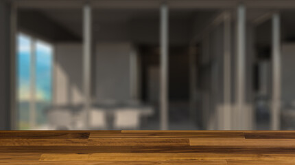 Background with empty table. Flooring. Elegant office interior. Mixed media. 3D rendering.