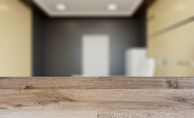 Background with empty wooden table. Flooring. Modern office Cabinet.  3D rendering.   Meeting room