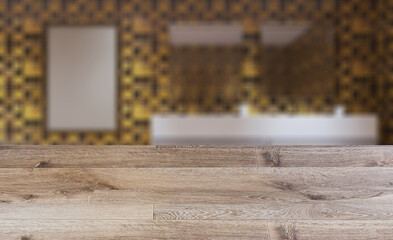 Spacious bathroom, clean, beautiful, luxurious, bright room. 3D rendering.. Empty paintings. Abstract blur phototography. wooden table on blurred background.