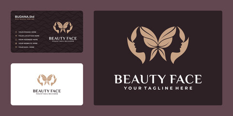 Naklejka premium logo women face logo with concept butterfly and business card