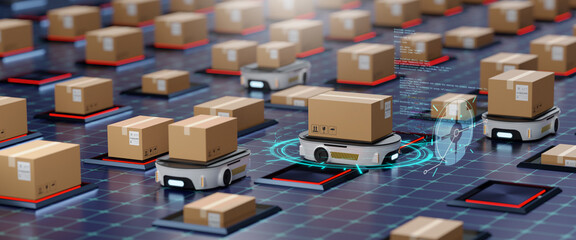 Concept of smart factory and 5G for industrial. Autonomous Robotic transportation or Automated...