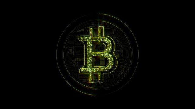 PNG alpha.Bitcoin logo appearing animation with HUD technological elements, motherboard.Bitcoin shining Particles.Business and finance news reports intro.Bitcoin Logo Opener with alpha channel.BTC 2