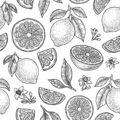 Lemons, leaves and flowers seamless pattern. Fresh summer citrus background. Engraved sketch style. 
