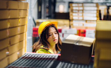 Portrait of smiling asian engineer in helmet woman order details and checking goods and supplies on shelves with goods background in warehouse.logistic and business export