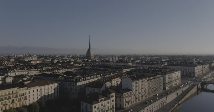 Aerial footage drone view of River in Turin italy Torino Mole view // no video editing
