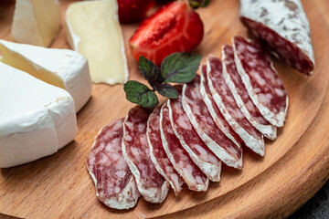 Traditional Spanish Fuet thin dried sausage with noble mold, Camembert cheese, strawberries. Food recipe background. Close up