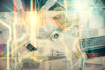 Double exposure of man and woman working together and world map hologram drawing. international network concept. Computer background. Top View.